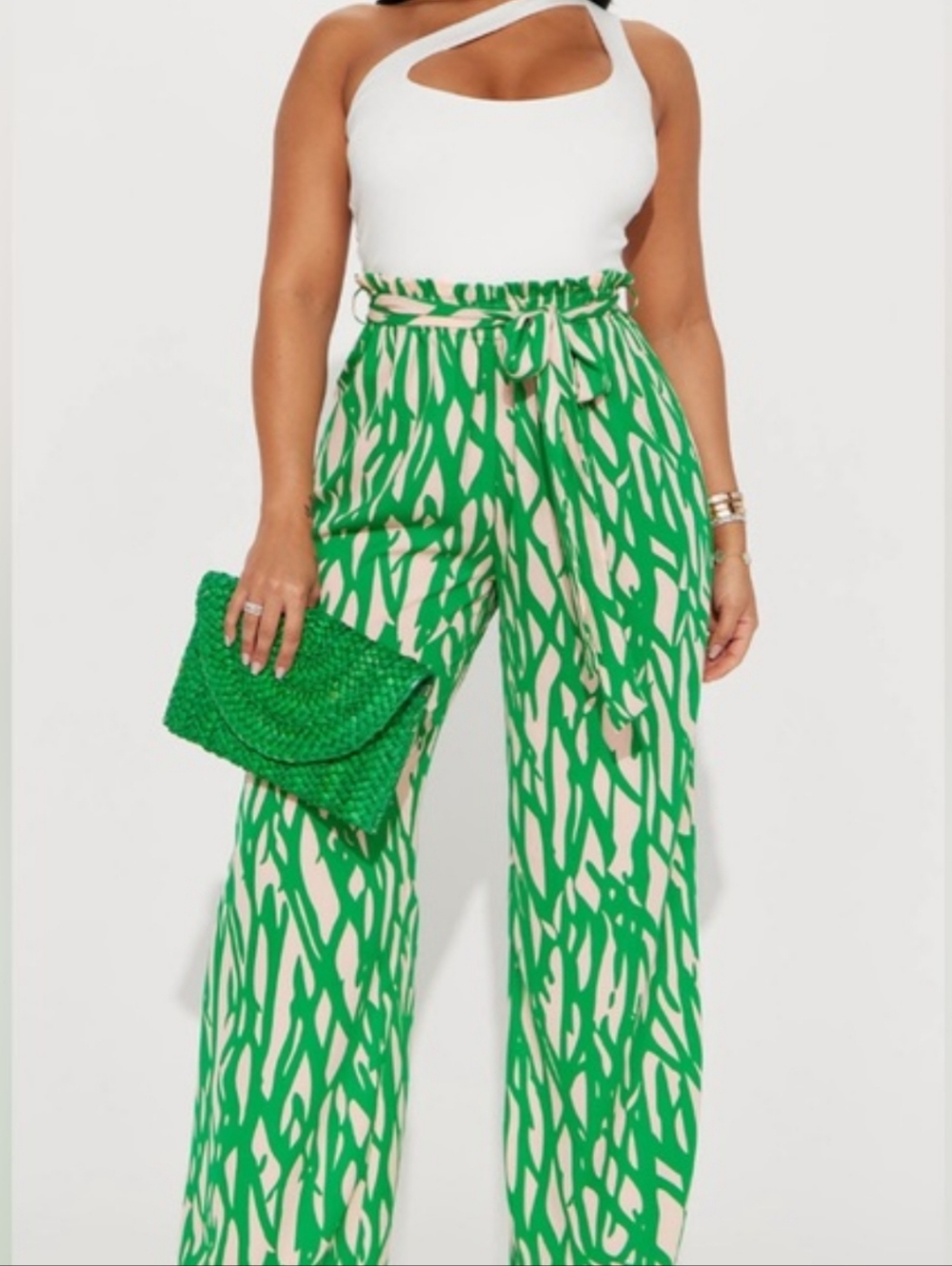Fashion Nova Green & Cream High-Rise Wide-Leg Printed Pants